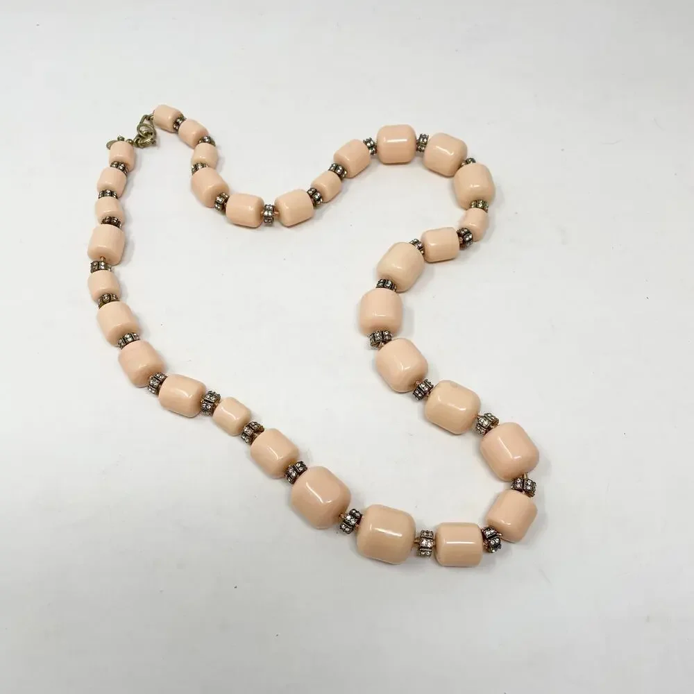 J Crew Coral Peach Barrel Bead Rhinestone Rondelle statement necklace jewelry
